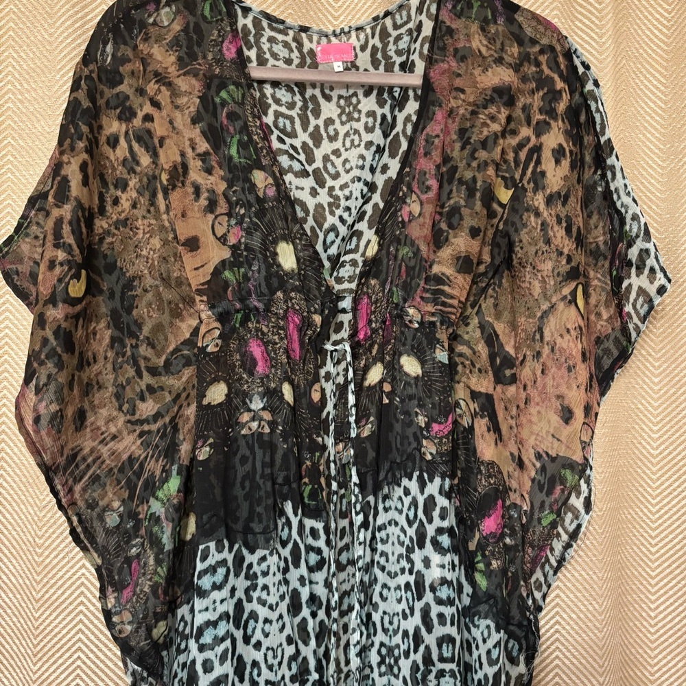 River Island Sheer Beach Coverup Robe, Kaftan, Size Med, Blue Leopard Print - Picture 2 of 7
